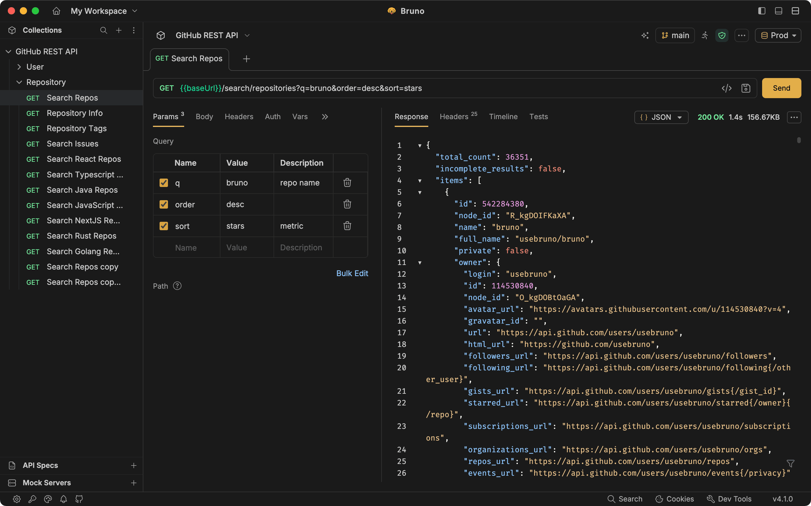 The Bruno desktop app: a GitHub REST API collection in the sidebar, a GET request with its query parameters, and the JSON response returned 200 OK