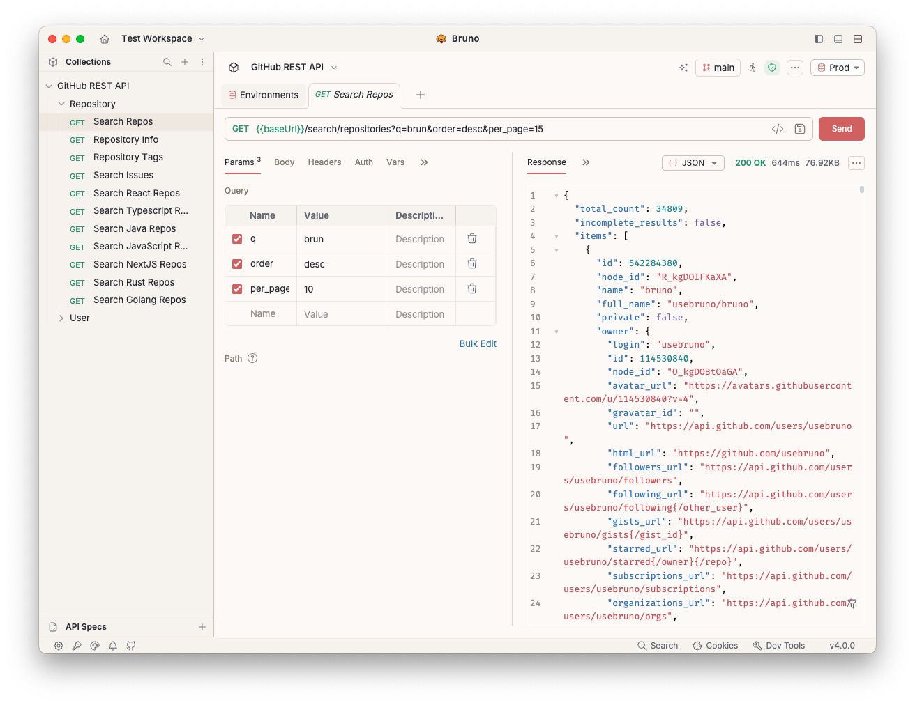 Bruno API Client main workspace