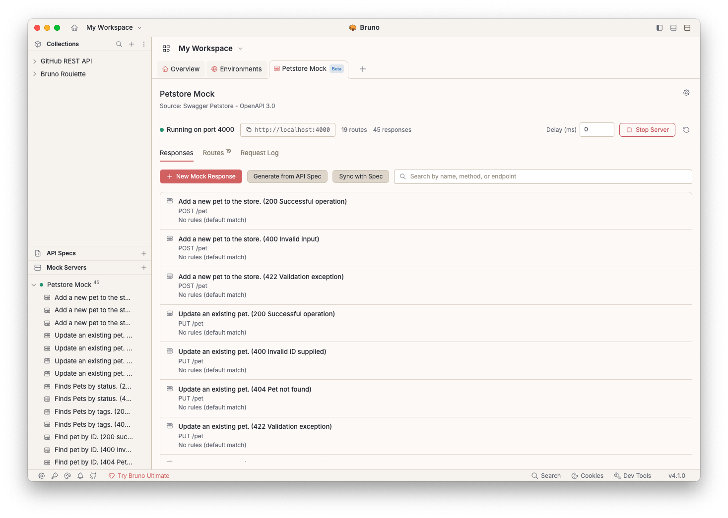 The Bruno mock server dashboard: a running server with its base URL, and the Responses tab listing the mocked routes.