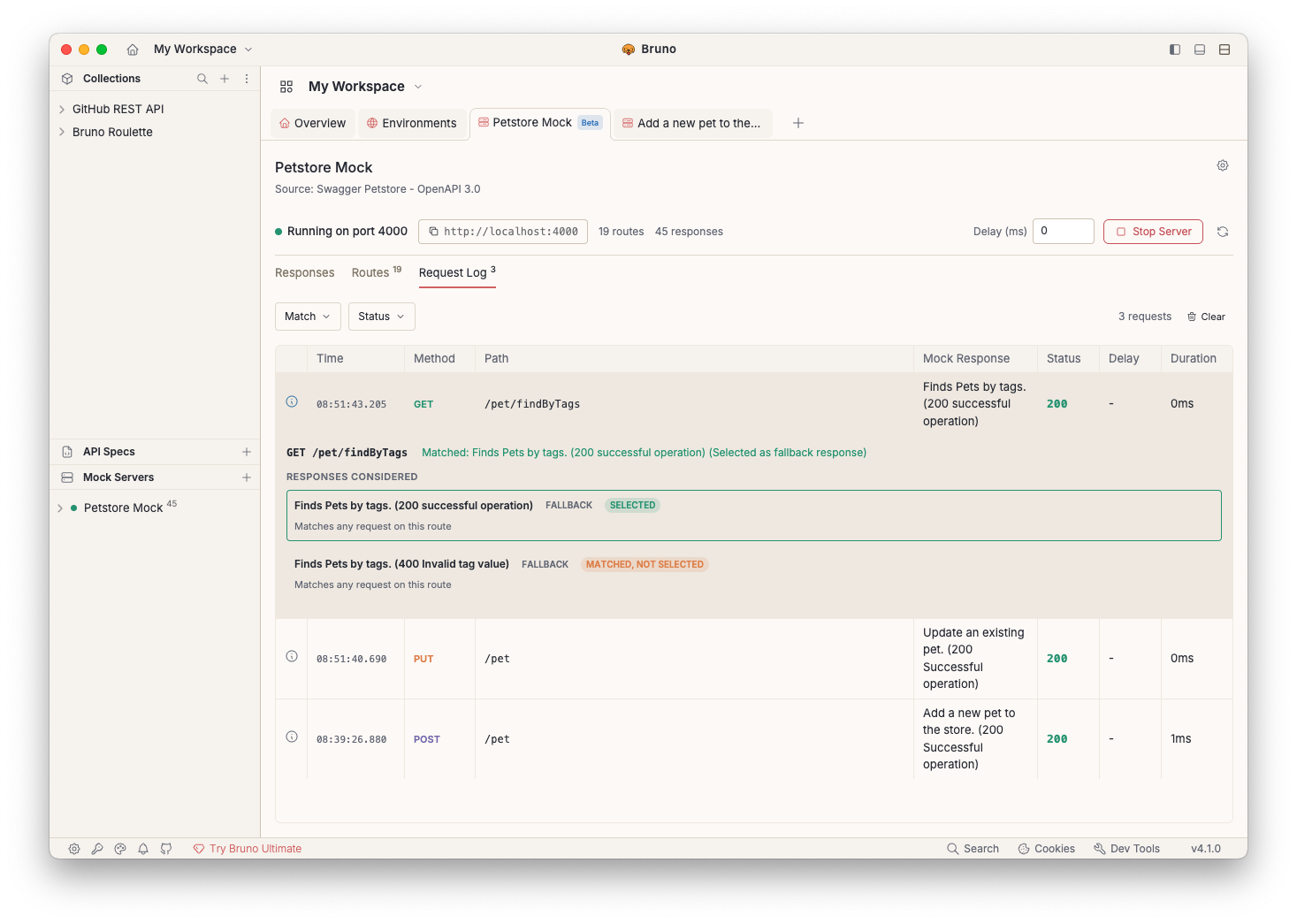 The Request Log tab, listing incoming requests with their method, path, matched mock response, status, delay, and duration.