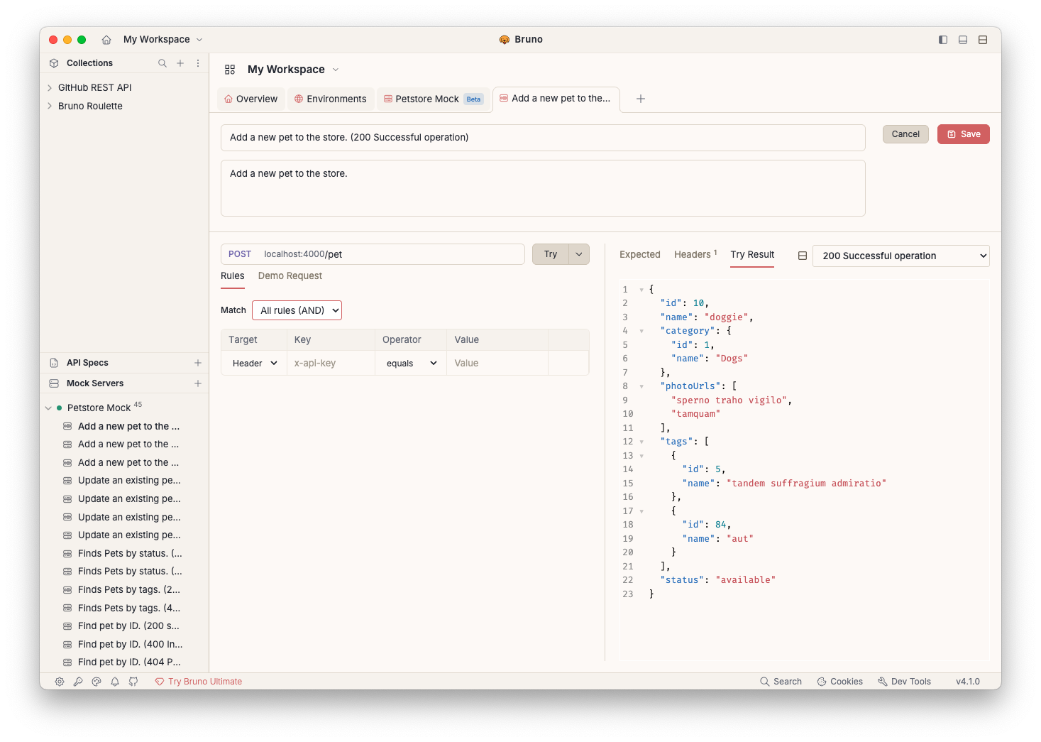 The mock response editor with its Rules section: target, key, operator, and value conditions that select this response over others on the same route.