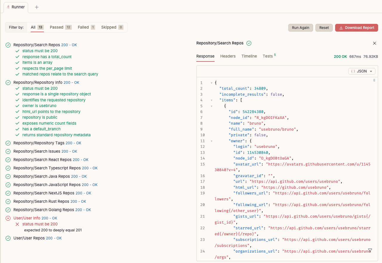 Bruno's test runner showing per-request pass/fail rows, assertion results, status codes, and response times.